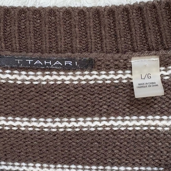 T TAHARI Sweater Brown and White Stripes Long Sleeve Large - Picture 3 of 8